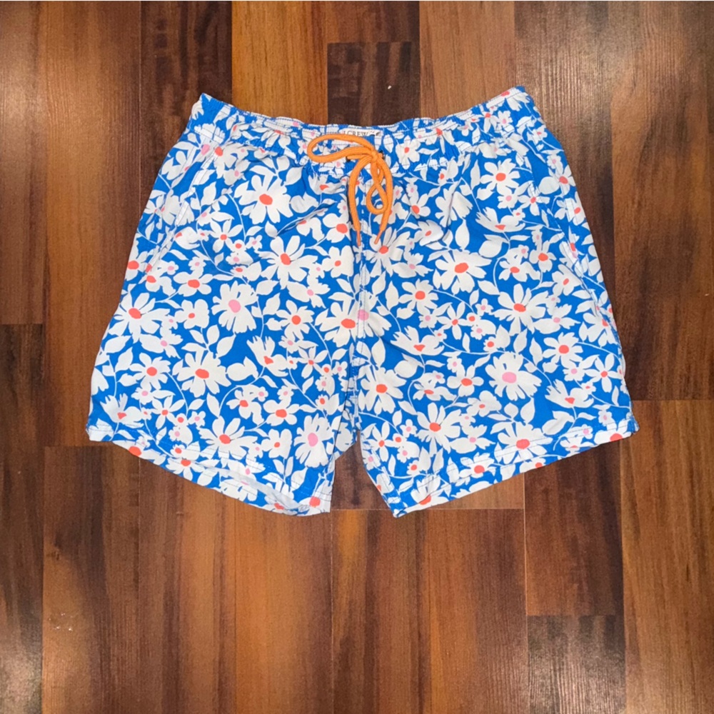 J. Crew Blue and White Swim Shorts with Tropical Print Size Medium